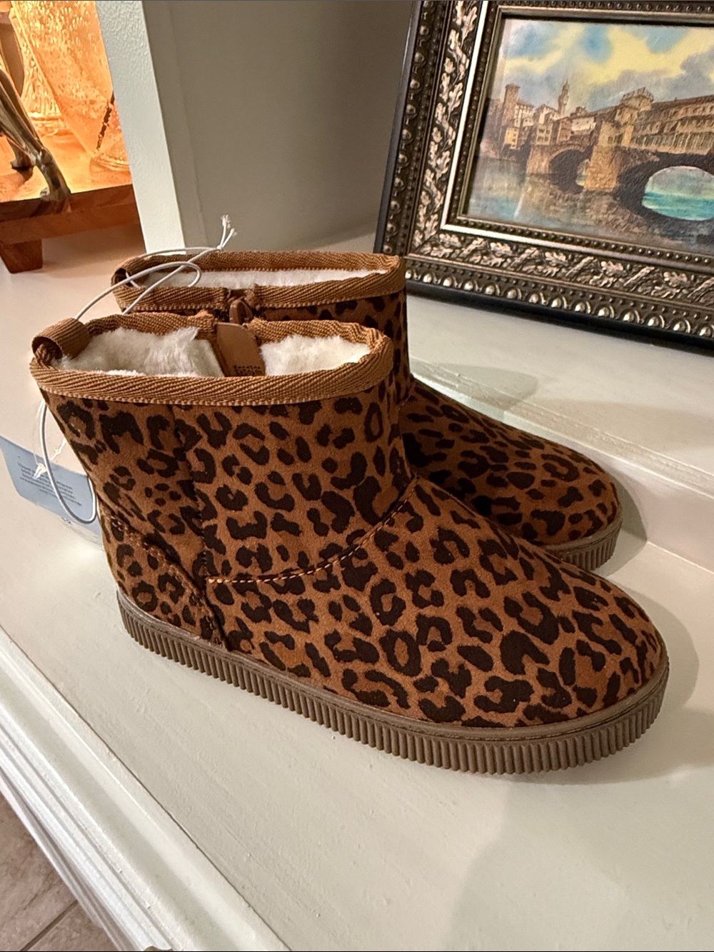 Cat & Jack Girls Leopard Print Faux Fur Ankle Boots Size 12 NWT